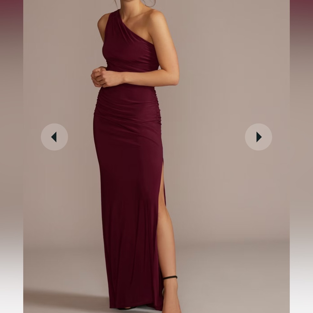 David’s Bridal ruched jersey one-shoulder dress in wine color
